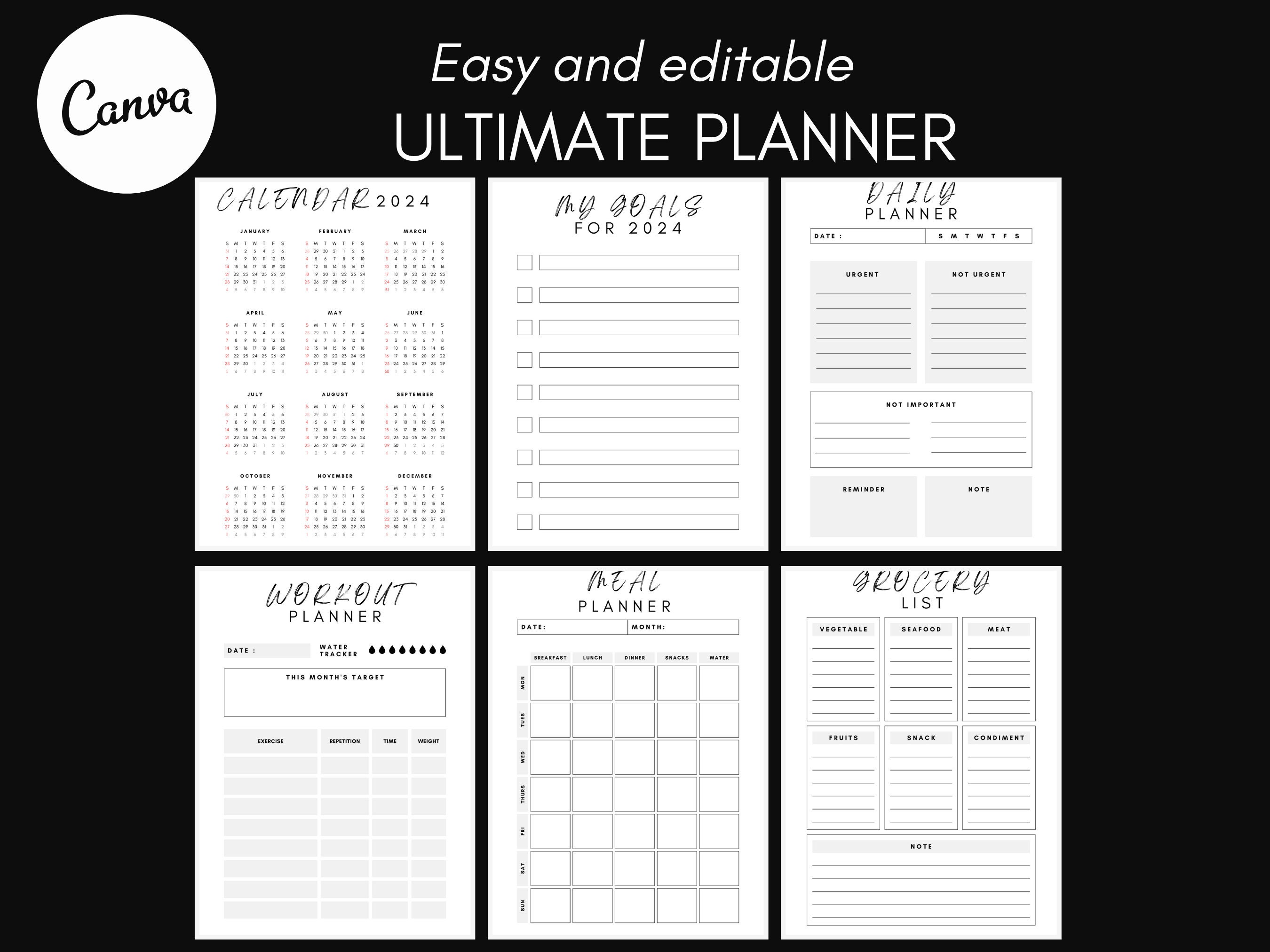 Editable Ultimate Planner Canva Template Black Planner for Busy Mommies