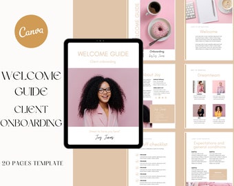 Pakiet powitalny dla klienta, szablon wprowadzający, wirtualny asystent, coaching, pakiet przewodnika powitalnego z motywem piaskowym
