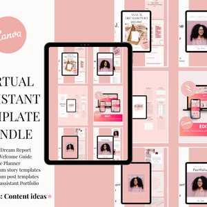 Op de afbeelding: Een roze en witte virtuele assistent-sjablonenbundel voor Canva. De bundel bevat een jaarlijks droomrapport, een welkomstgids voor klanten, een ultieme planner, Instagram-story- en post-sjablonen en een virtuele assistent-portfolio. De tekst "Bonus: Content-ideeën" is ook inbegrepen.