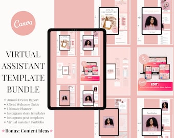 Boost Productivity with this Chic Virtual Assistant Canva Template Collection in Pink