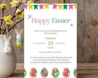 Edytowalny szablon zaproszenia na polowanie na pisanki, impreza z króliczkiem (do pobrania w wersji cyfrowej)