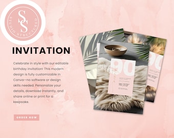 Zaproszenie na 90. urodziny | Różowo-złote pastelowe konfetti na imprezę niespodziankę (do pobrania cyfrowego)