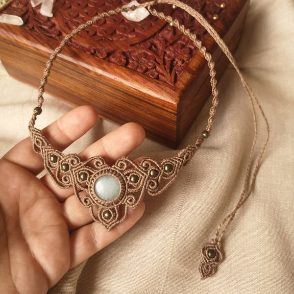 Makramee Kette mit Stein, Aventurin Kette für deine Boho Hochzeit,zarter Elfenschmuck,orientalischer Schmuck verspielt,Geschenk für Freundin