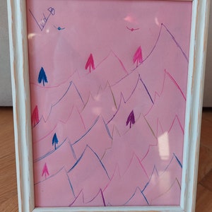 ballpoint pen art, view, mountains, trees in frame art louis