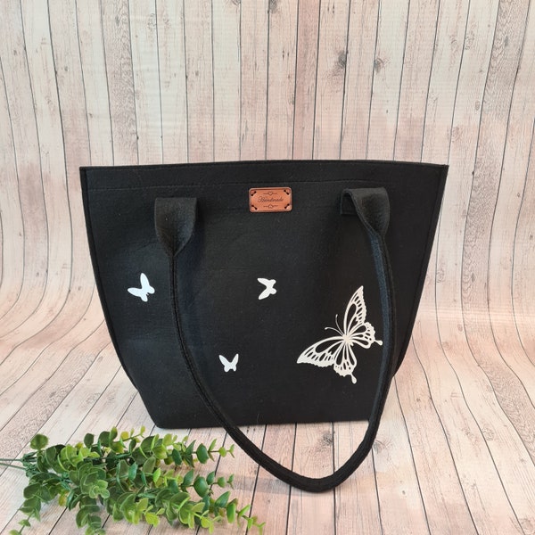 Schwarze Filztasche mit weißen  Schmetterlingen, große Schultertasche mit langem Henkel, Double Color Shopper , Einkaufstasche,  Handtasche