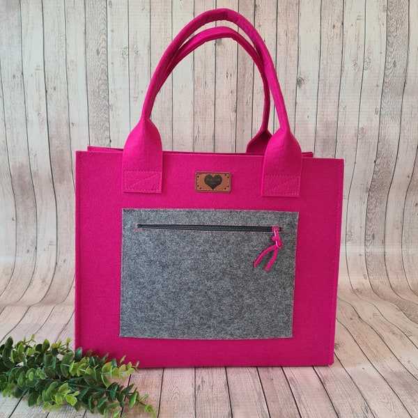 Filztaschen,  pink grau mit großer Außentasche, Double color Shopper,  Damentasche,   Henkeltasche,  Handtasche, Bürotasche