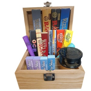 Wise Skies Wooden Mini Rolling Box Gift Set: Natural Stash Storage Container with RAW Papers, Tips, Smell-Proof Tube, and Accessories