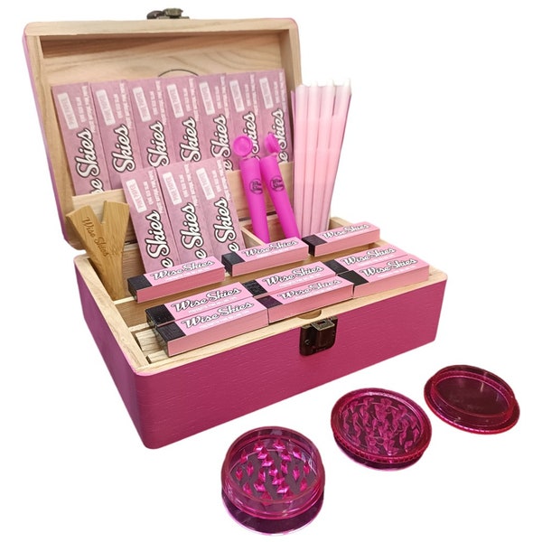 Pink Rolling Box Set Wooden Stash Box Storage Box Rolling Papers Tips Kit Rolling Box Gift Set