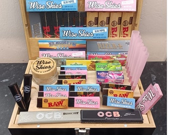 Large Wooden Stash Box Wise Skies Black Rolling Box Gift Set Bamboo Storage Box with Rolling Paper Tips Accessories