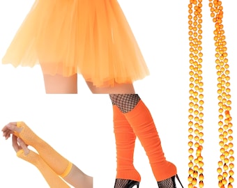 Thème années 80 Leg Tutu perles néon Gants de déguisement Jupe, perles, Gants résille, Jambières Plus attrayant TUTU orange Ensemble de déguisement