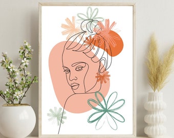 Boho Woman Art Print, Woman Line Art, Flower Wall Art, Boho Floral ...