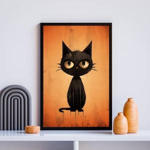 Black Cat, Mid Century Modern Black Cat Art Print, Vintage Black Cat Print, Cat Lover Print, Digital Download, Halloween Black Cat Art Print