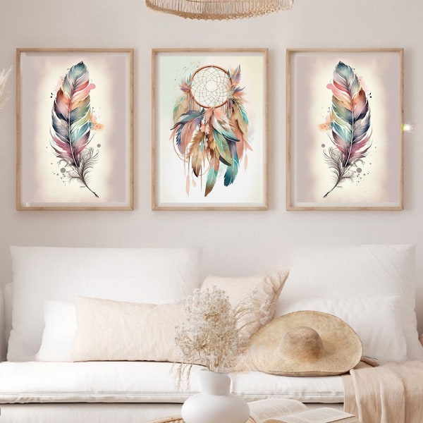 Boho Dreamcatcher Print Set of 3, Feather Printable Art, Watercolor Gallery Wall Art, Modern Home Decor Art, Bohemian style, Boho Wall Set