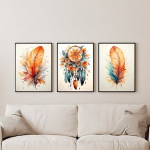 Juego de 3 impresiones de atrapasueños bohemios, arte imprimible de plumas, arte de pared de galería de acuarela, arte de decoración moderna para el hogar, estilo bohemio, juego de pared bohemio