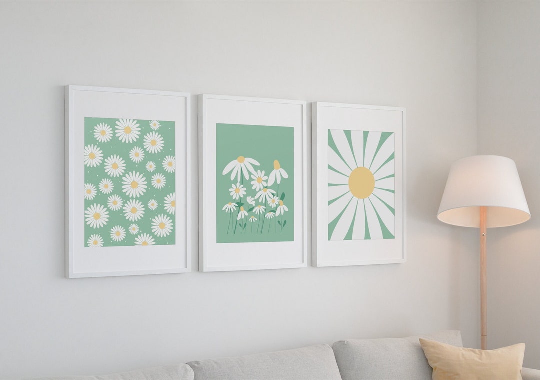 Daisy Wall Art, Set of 3 Prints, Daisy Print Set, Summer Green Gallery ...