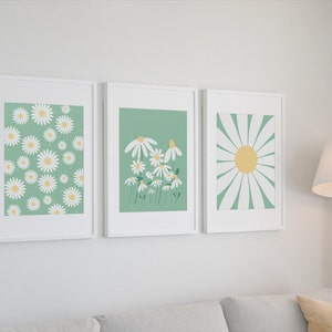 Daisy Wall Art, Set of 3 Prints, Daisy Print Set, Summer Green Gallery Set, Sage Green Flowers Set, Printable Wall Art, Pastel Gallery Wall