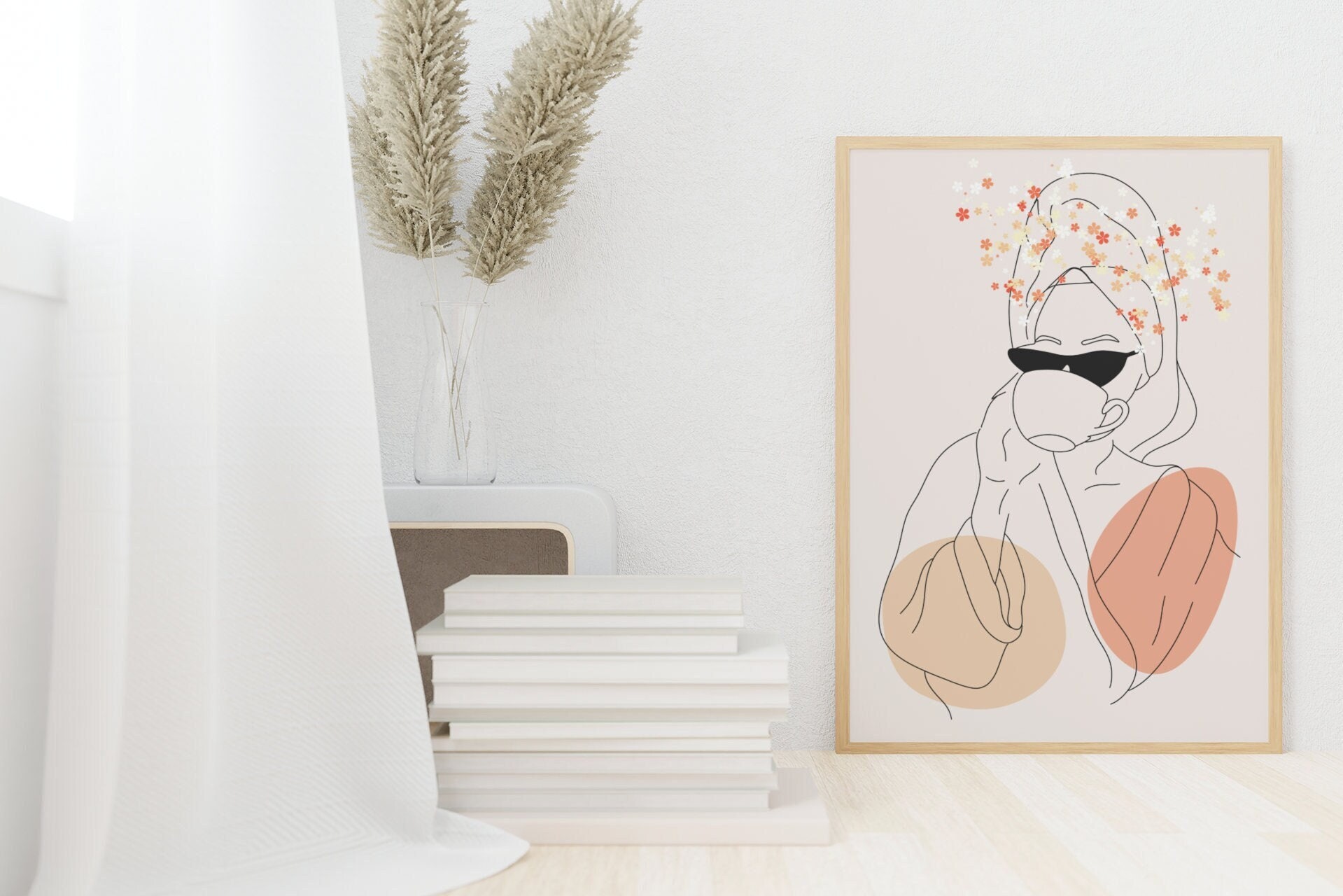 Boho Woman Art Print, Woman Line Art, Flower Wall Art, Neutral Simple ...