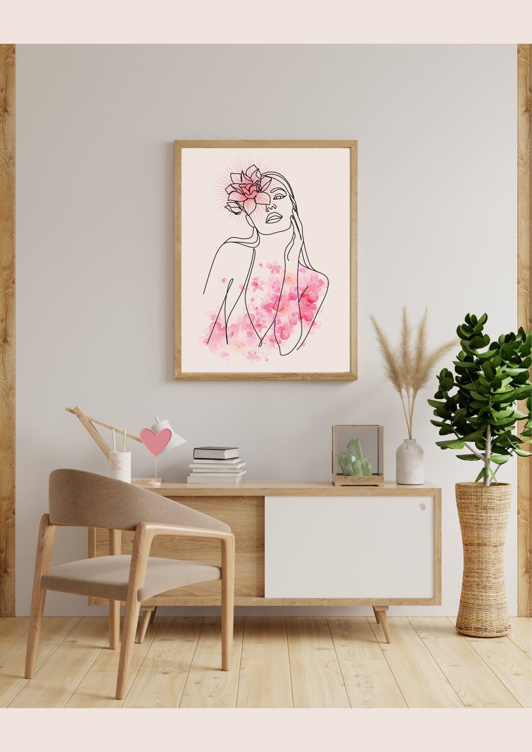 Boho Woman Art Print, Woman Line Art, Flower Wall Art, Neutral Simple ...