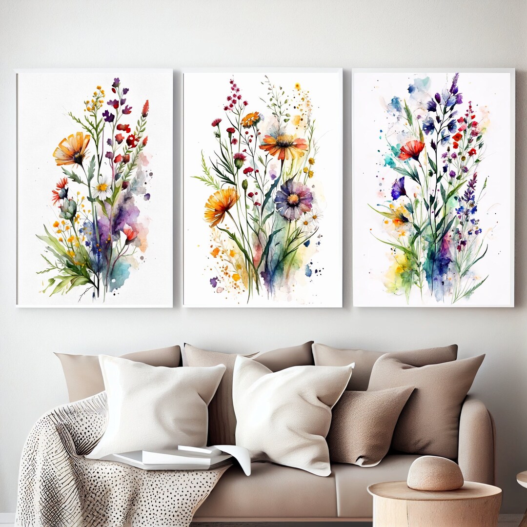 Boho Wildflower Print Set of 3, Botanical Printable Art, Colorful ...