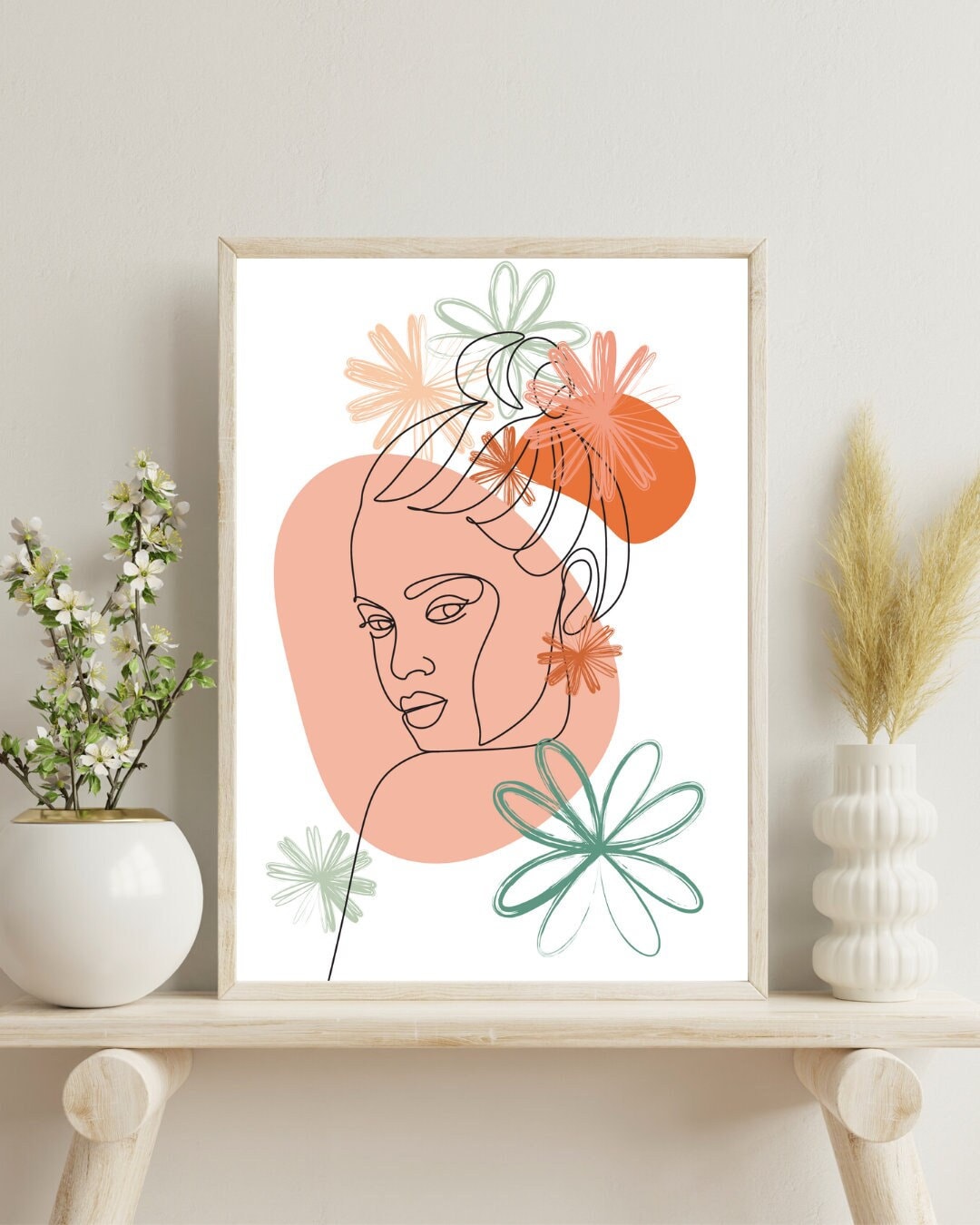 Boho Woman Art Print, Woman Line Art, Flower Wall Art, Neutral Simple ...