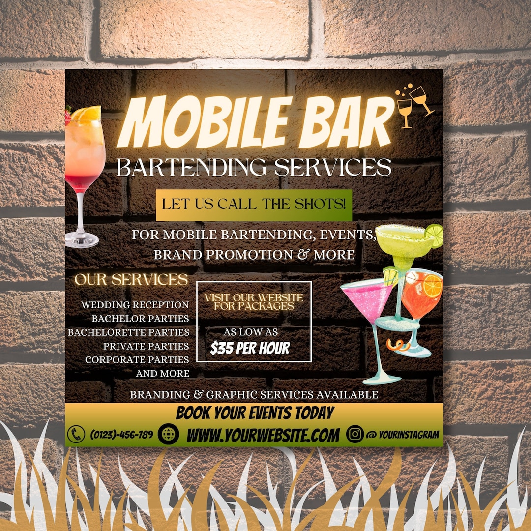 Mobile Bartending Flyer DIY Mixologist Bartender Drink Services Party