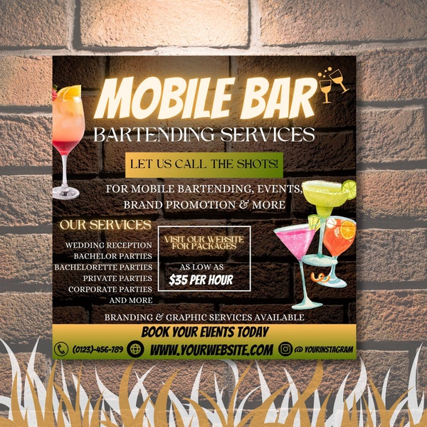 Mobile Bartending Flyer | DIY Mixologist Bartender Drink Services Party Event Planning Rental Social Media Instagram Editable Canva Template