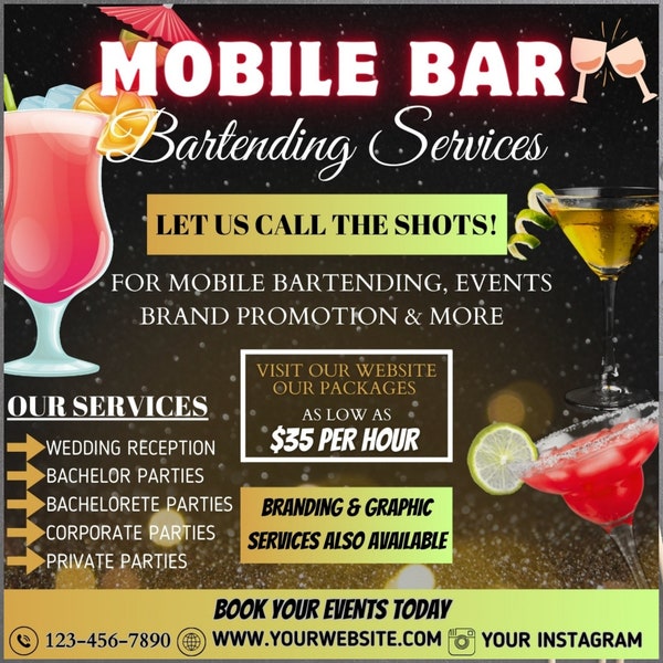 Mobile Bartending Flyer | DIY Mixologist Bartender Drink Services Party Event Planning Rental Social Media Instagram Editable Canva Template