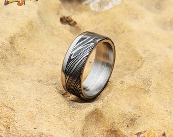 Forged Damascus Steel Ring with Silver Inlay: Rustic Wedding Band