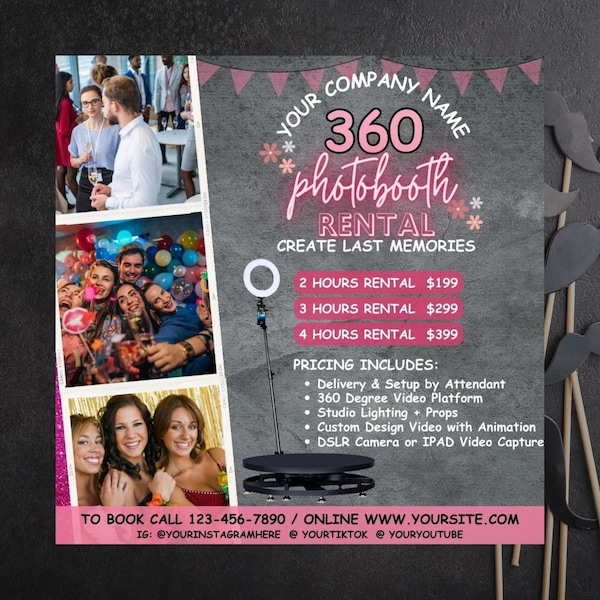 360 Photo Booth, 360 Photo booth Flyer, Photo Booth social media posts, Event flyer, Party flyer, Canva DIY flyer