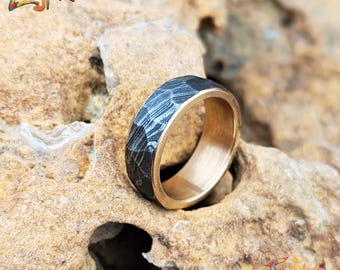Damascus Steel Wedding Band Set: Forged Brass Inlay Rings
