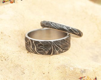 Hand Forged Damascus Steel Wedding Band with Silver Liner
