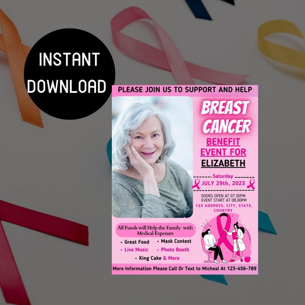EDITABLE Breast Cancer Fundraiser Event Flyer, Cancer Benefit, Awareness Month, Self Editing on CANVA, Easy to Edit, Cancer Survivor