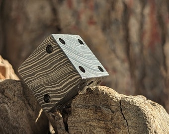 Peut inclure: Un dé en forme de cube en métal à motifs, avec un motif gris clair et gris foncé. Le dé est posé sur un morceau de bois brut brun.