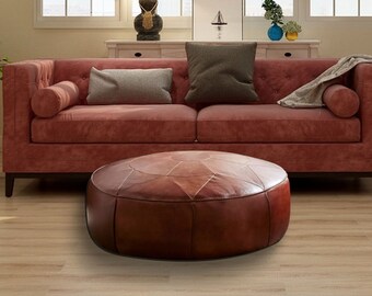Round Moroccan Leather Pouf, Compass Design Ottoman Footstool, Brown, Unstuffed