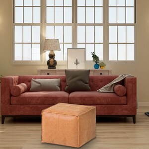Square Moroccan Leather Pouf, Ottoman Footstool, Brown, Unstuffed 画像 9