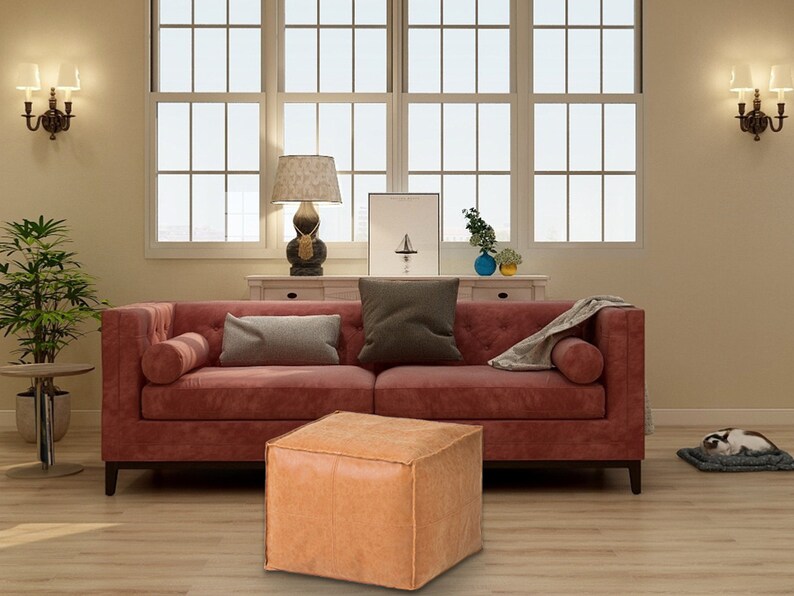 Square Moroccan Leather Pouf, Ottoman Footstool, Brown, Unstuffed 画像 9