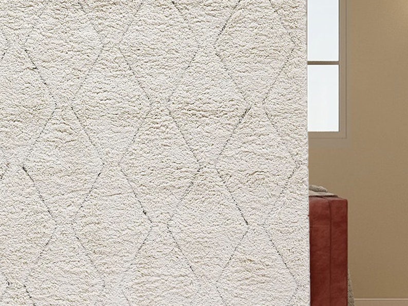 Beni Ourain Rug, Hand-Knotted Moroccan Wool, Ivory Tonal Diamond Pattern image 7