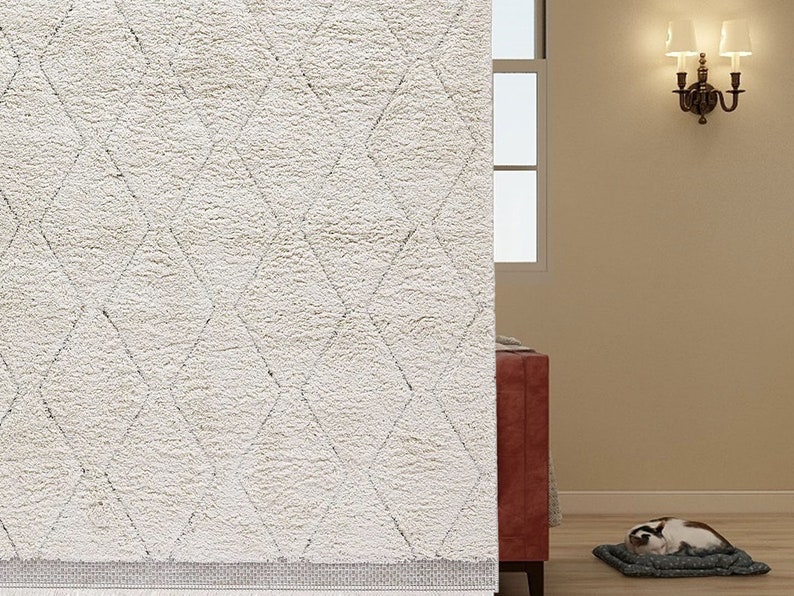 Beni Ourain Rug, Hand-Knotted Moroccan Wool, Ivory Tonal Diamond Pattern image 8