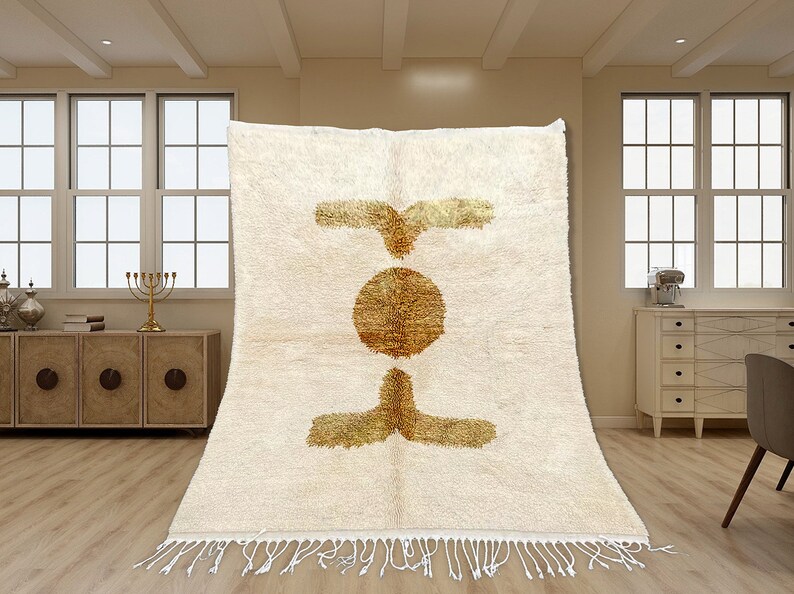 Beni Ourain Rug, Hand-Knotted Moroccan Wool, Ivory with Brown Circle Motif image 2