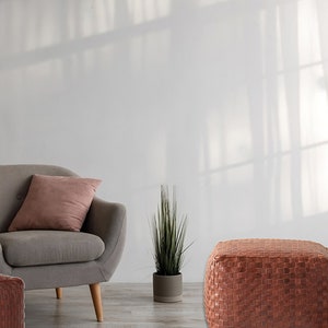 May include: A gray upholstered armchair with light wooden legs and a dusty rose throw pillow, a small potted green plant, and two square, woven brown leather ottomans arranged in a room with light-colored walls.