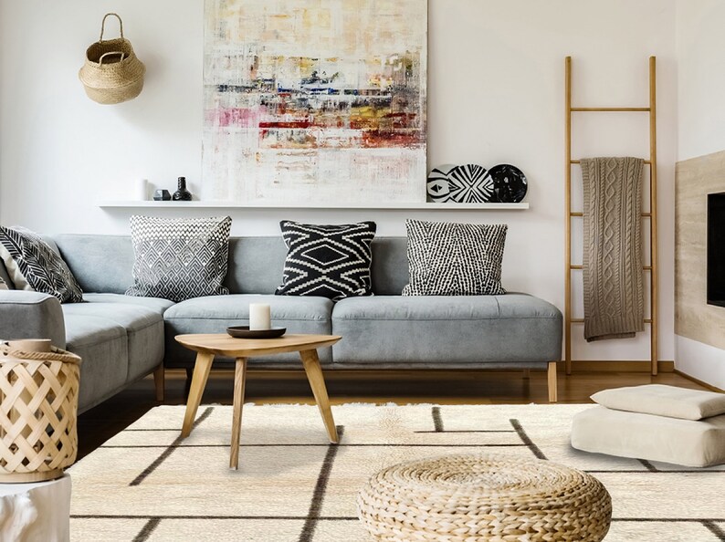 Beni Ourain Rug, Hand-Knotted Moroccan Wool, Ivory with Crossed Black Lines zdjęcie 2