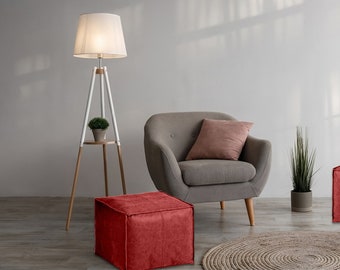 Square Moroccan Leather Pouf, Ottoman Footstool, Red, Unstuffed