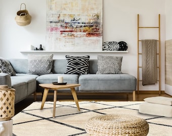 Beni Ourain Rug, Hand-Knotted Moroccan Wool, Ivory with Black Grid Lines