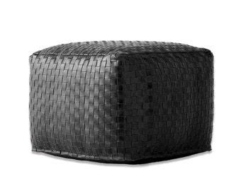 Moroccan Leather Pouf, Hand-Braided Ottoman Footstool, Black, Unstuffed