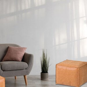 Square Moroccan Leather Pouf, Ottoman Footstool, Brown, Unstuffed 画像 1