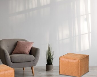 Square Moroccan Leather Pouf, Ottoman Footstool, Brown, Unstuffed