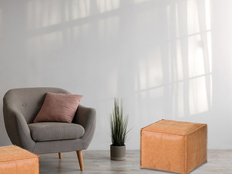 Square Moroccan Leather Pouf, Ottoman Footstool, Brown, Unstuffed 画像 1
