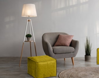 Square Moroccan Leather Pouf, Ottoman Footstool, Yellow, Unstuffed
