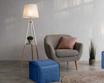 Square Moroccan Leather Pouf, Ottoman Footstool, Blue, Unstuffed