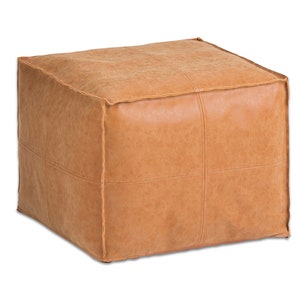 Square Moroccan Leather Pouf, Ottoman Footstool, Brown, Unstuffed 画像 5